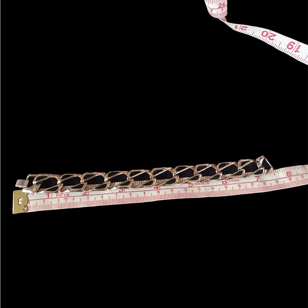 Vintage Gold Tone Geometric Open Link Chain Bracelet with Black Enamel Detail - Picture 3 of 6